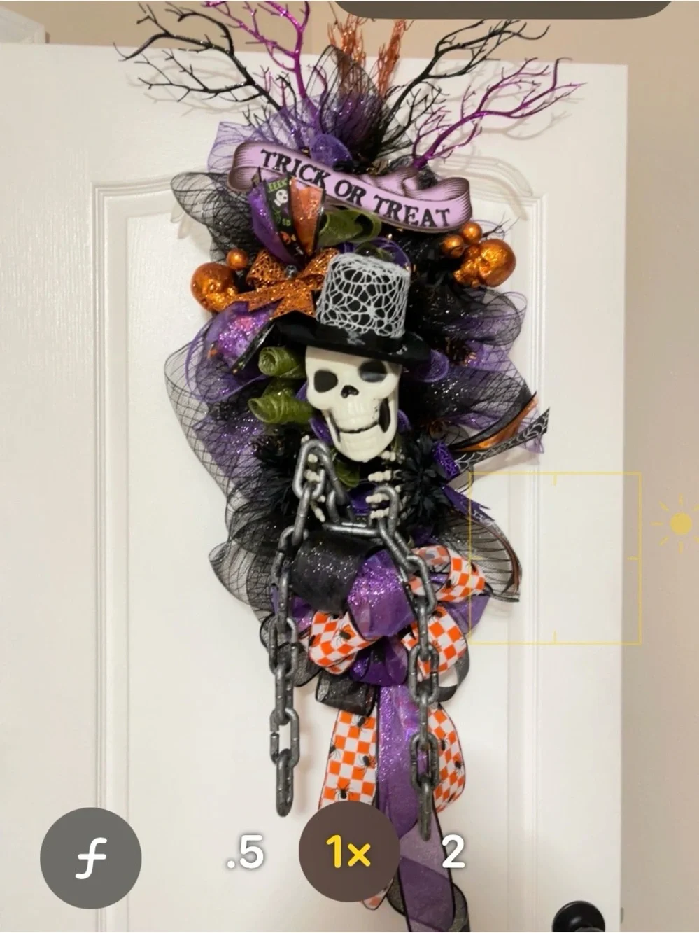 Halloween Skeleton Door Swag – Purple & Black Trick or Treat Décor